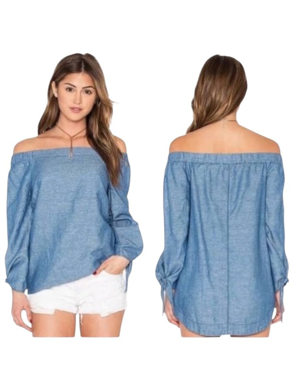 Free People Shirt Women XS Blue Off The Shoulder Chambray Tie Cuff Top Boho